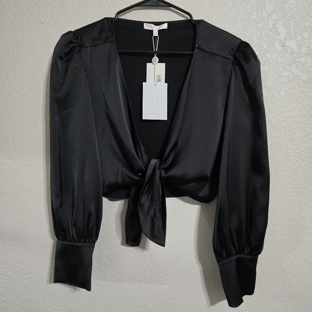 Nordstrom Wayf Black Satin Tie-Front Blouse